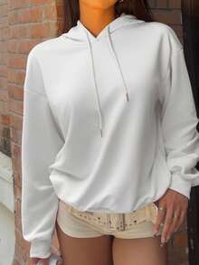 SHEIN EZwear Sudadera con capucha blanca de corte holgado con estampado de figura en verde y negro, de estilo minimalista y casual, para otoño/invierno