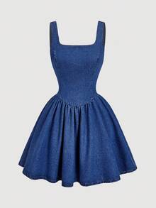 SHEIN MOD 女式优雅方领无袖腰部系带喇叭下摆牛仔连衣裙，夏季 - 藍色 - 查看 1