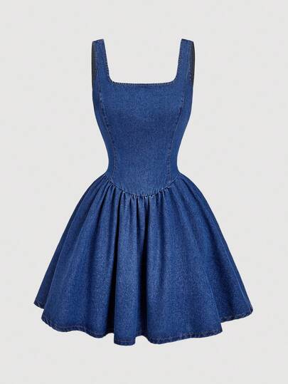 SHEIN MOD 女式优雅方领无袖腰部系带喇叭下摆牛仔连衣裙，夏季