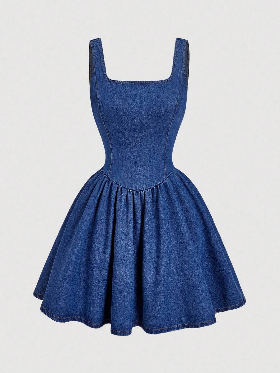 SHEIN MOD 女式优雅方领无袖腰部系带喇叭下摆牛仔连衣裙，夏季 - 藍色 - 查看 1