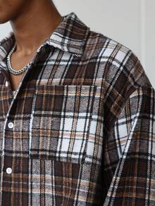 ROMWE MEN Prep Men's Fashionable Loose Plaid Shirt, Young Street Style, Suitable For Street Wear, Casual Daily, Weekend Outings, Music Festivals, Fall - Coffee Brown - View 5