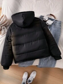 SHEIN Kurtka zimowa dla nastolatek, czarna, z długim rękawem, kapturem i suwakiem z przodu, ściągaczami przy mankietach, termiczna podszewka, uniwersalna, odpowiednia na jesień/zimę, wyjścia, zakupy, wakacje, dojazdy do pracy, można łączyć z bluzkami, bluzami z kapturem, dżinsami, spodniami dresowymi