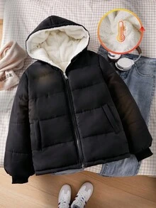 SHEIN Kurtka zimowa dla nastolatek, czarna, z długim rękawem, kapturem i suwakiem z przodu, ściągaczami przy mankietach, termiczna podszewka, uniwersalna, odpowiednia na jesień/zimę, wyjścia, zakupy, wakacje, dojazdy do pracy, można łączyć z bluzkami, bluzami z kapturem, dżinsami, spodniami dresowymi