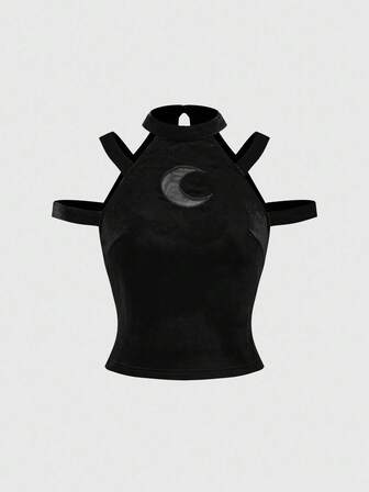 Goth Top de tirantes de terciopelo con luna hueca gótica y oscura para mujeres, Halloween
