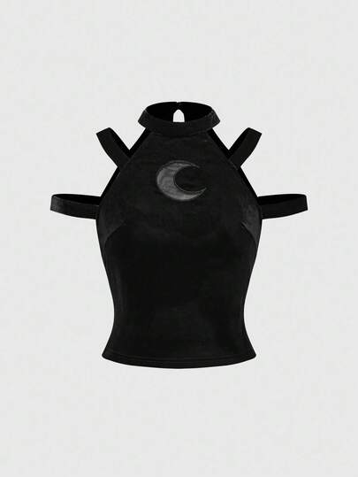 Goth Top de tirantes de terciopelo con luna hueca gótica y oscura para mujeres, Halloween
