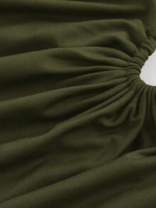 SHEIN MOD 加大码不对称下摆抽绳舒适日常斜领长袖T恤 - 軍綠色 - 查看 3