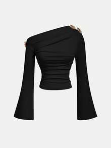 SHEIN MOD 1 件女式纯色不对称领口褶饰优雅长袖 T 恤 - 黑色 - 查看 3