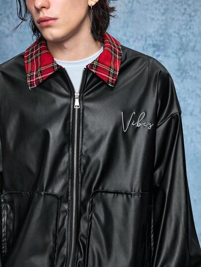 Street Life Veste en PU zippée à col cranté, style patchwork à carreaux avec broderie de lettres, style mode de rue décontracté universitaire, automne