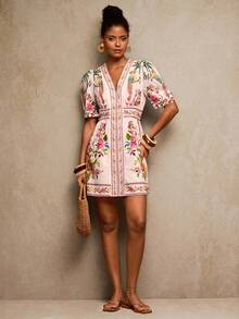 Travachic V-Neck Short Sleeve Fitted Women Mini Dress,Random Floral Print Woven Fabric, Short Floral Dress, Luxury Evening Dresses For Weddings,  Christmas Party Clothes, New Year Look, Thanksgiving Outfits, Elegant Dresses Party - Multicolor - View 3