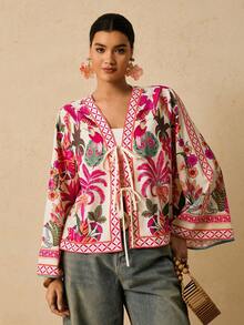 Travachic Retro Print Tie Front Casual Plus Size Blouse For Women Boho Blouses Women S Blouses For Summer Silk Blouse Women Blouses For Summer Anthropologie Clothes Cozy Fall And Winter Clothes For Women Elegant Pink Tops