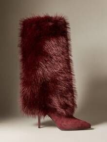 SHUZIA Sepatu Boot Stiletto Hak Tinggi Berbulu Imitasi Warna Burgundy untuk Wanita Seksi, Ujung Lancip, Setinggi Lutut, Cocok untuk Musim Gugur, Musim Dingin, dan Liburan Natal. - Burgundy - View 2
