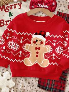 SHEIN Süßer Weihnachts-Fair-Isle-Karomuster Weihnachtsmann Mütze, Lebkuchenmann & Schneeflocken Muster Baby Mädchen Lässig Minimalistisch Dicke Weiche Bequeme Locker Rundhals Langarm Kapuzenpullover, geeignet für Herbst/Winter Alltag, Weihnachtsparty, Straßenmode, Zuhause