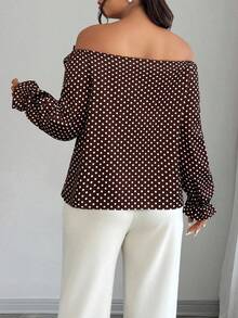 Elenzga Off Shoulder Ruffle Sleeve Floral Decor Polka Dot Print Blouse - Coffee Brown - View 2