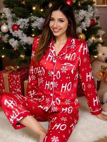 Winter  2pcs/Set Teen GirlSnowflake Print Long Sleeve Cardigan And Casual Pants Comfortable Loungewear Red Christmas Pajama Set - Red - View 4