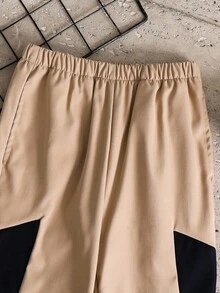 SHEIN 男童休闲舒适时尚实用百搭宽松直筒梭织运动裤，舒适柔软，版型宽松，侧缝撞色设计，适合开学第一天、返校、日常穿着、上学、旅行、运动，春夏秋冬四季皆宜。 - 卡其色 - 查看 6