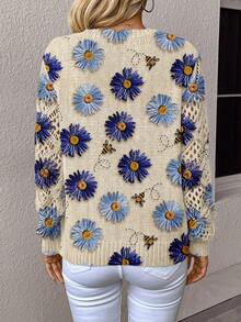 EMERY ROSE Pull tricoté à col en V ajouré avec imprimé floral décontracté, blouses fleuries d'automne pour femmes, blouses femmes à manches longues, décontractées - Blanc - Voir 2
