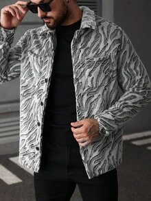 Manfinity LEGND 男士斑马纹长袖单排扣口袋羊毛夹克，秋冬 - 彩色 - 查看 7