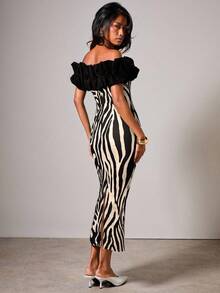 COSMINA Vestido Midi Ajustado com Babados e Estampa de Zebra Ombro à Mostra, Elegante e da Moda - Multicolorido - Visão 2