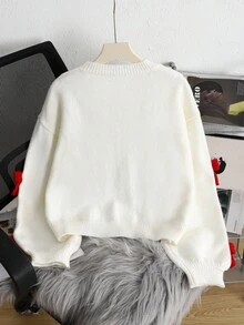 SHEIN 宽松休闲简约舒适圆领撞色蝴蝶结装饰开衫毛衣，适合少女秋冬装 ForGirln - 彩色 - 查看 2
