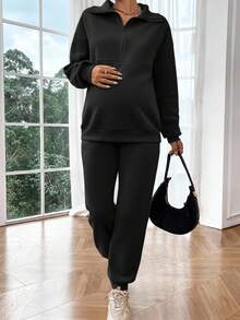 SHEIN 2 Stücke Umstandsmode Lässig einfarbiger Halb-Reißverschluss Stillpullover und Jogginghose Set, vielseitig für den täglichen Weg zur Arbeit - Schwarz - Übersicht 4