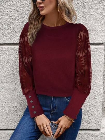 SHEIN LUNE Fall Clothes Plus Size Women Tops Fall Women Khaki Lace Jacquard Sleeve Patchwork Waffle Knit Blouse For Women,Lantern Sleeve Top, Loose And Elegant For Party Business Casual Woman/Fall/Winter