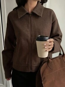 Livesso Áo khoác nữ dáng rộng, phong cách công sở thường ngày với túi lớn, màu nâu trơn, phù hợp mặc đi làm, dã ngoại, mùa thu/đông. - màu nâu - Xem 7