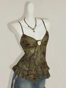 SHEIN ICON Women's Sexy Millennial Style Y2K Young Fashion Bohemian Style Green Paisley Pattern Print Bow Tie V-Neck Asymmetrical Ruffle Hem Slim Fit Top