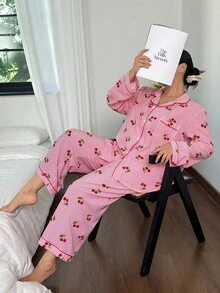 Napfluff CURVE Napfluff CURVE 趣味樱桃条纹印花加大码睡衣套装，适合居家休闲和户外穿着，樱桃图案睡衣，舒适保暖，秋冬服装，圣诞节 - 粉色 - 查看 5