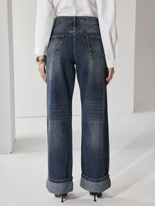Heiryn 女士休闲时尚宽松简约卷边阔腿牛仔裤 - 深色水洗藍 - 查看 2