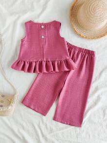 SHEIN Playful Pals 2件套女婴休闲可爱蝴蝶结无袖上衣和裤子套装 - 紅色 - 查看 2