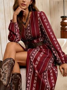 LanaWest 女士印花长款休闲连衣裙，适合初秋 - 紅木色 - 查看 1