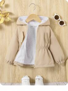 SHEIN 女婴秋冬休闲卡其色羊毛连帽夹克