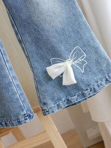 SHEIN 年轻女孩粉色条纹蝴蝶结衬衫和喇叭腿牛仔裤套装 - 粉色 - 查看 8