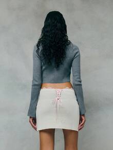 TypaGal Soft Knit Mini Skirt With Contrast Lace-Trimmed Waistband,Minimalist Silhouette Lingerie-Inspired Detail,White And Pink,Summer,Chic,Everyday - Beige - View 4
