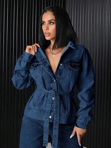 EURMUSE Flap Pocket Button Front Denim Jacket - Dark Wash - View 3