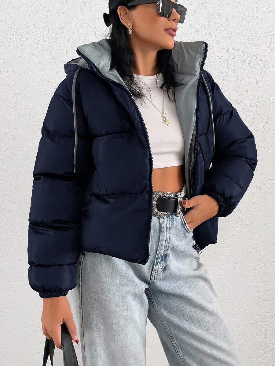SHEIN Áo khoác hoodie ngắn dày có túi cho nữ mùa đông - Màu xanh hải quân - Xem 1