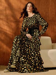 Anewsta Women's Autumn/Winter Formal Business Long Sleeve Metallic Embossed Layered Waist Cinching Velvet Bowknot Dress, Suitable For Lining Under Dresses