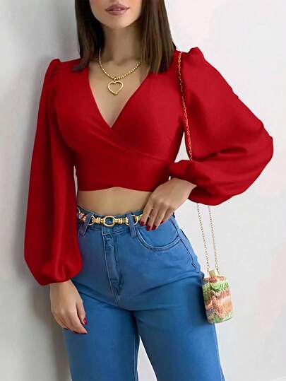 Xyvia ملابس علوية قصيرة للنساء بياقة متقاطعة وأكمام فانوس، لون أحادي، ربطة خلفية، مناسبة للربيع والخريف