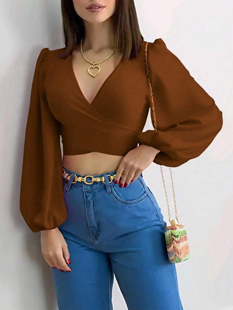 Xyvia Áo sơ mi ngắn tay buộc dây màu trơn thường ngày/công sở dành cho nữ - màu nâu - Xem 1