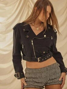 Aralina 冬季/夏季短款牛仔机车夹克，带金色饰边 - 黑色 - 查看 8