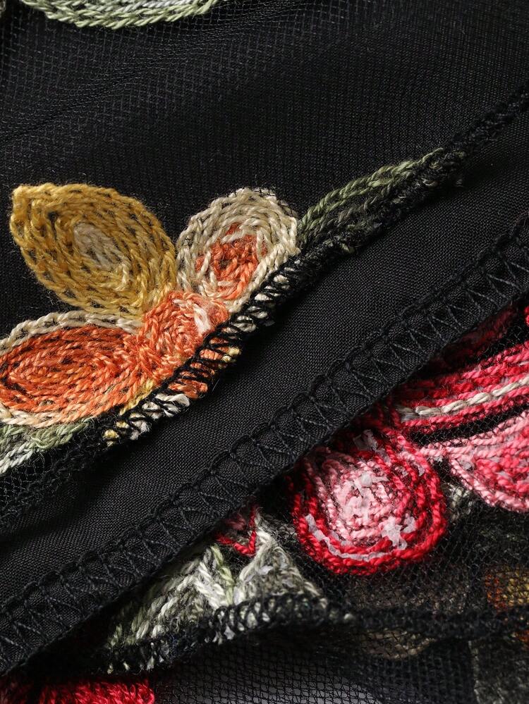 Women's Round Neck Floral Embroidery Mesh Patchwork Asymmetric Hem Elegant Mid-Length Dress Prom Dress Summer Women Dresses Sundress