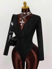 Y2K Amplova BLACK Christmas New Year Thanksgiving Sequins Party Chic Retro Deep V-Neck Lace Trim Ruched Bodysuit, Sexy Long Sleeve Suitable For Party And Date - Black - View 6