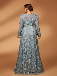 Serin Plus Size Elegant Luxury Gray Boat Neck Sheer Long Sleeve Heavily Embroidered Pearl & Rhinestone Decorated A-Line Mother Of The Bride Dress