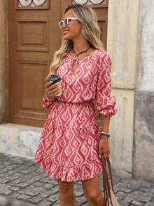 Brillora 女式系带领灯笼袖几何印花时尚迷你连衣裙 - 粉色 - 查看 9
