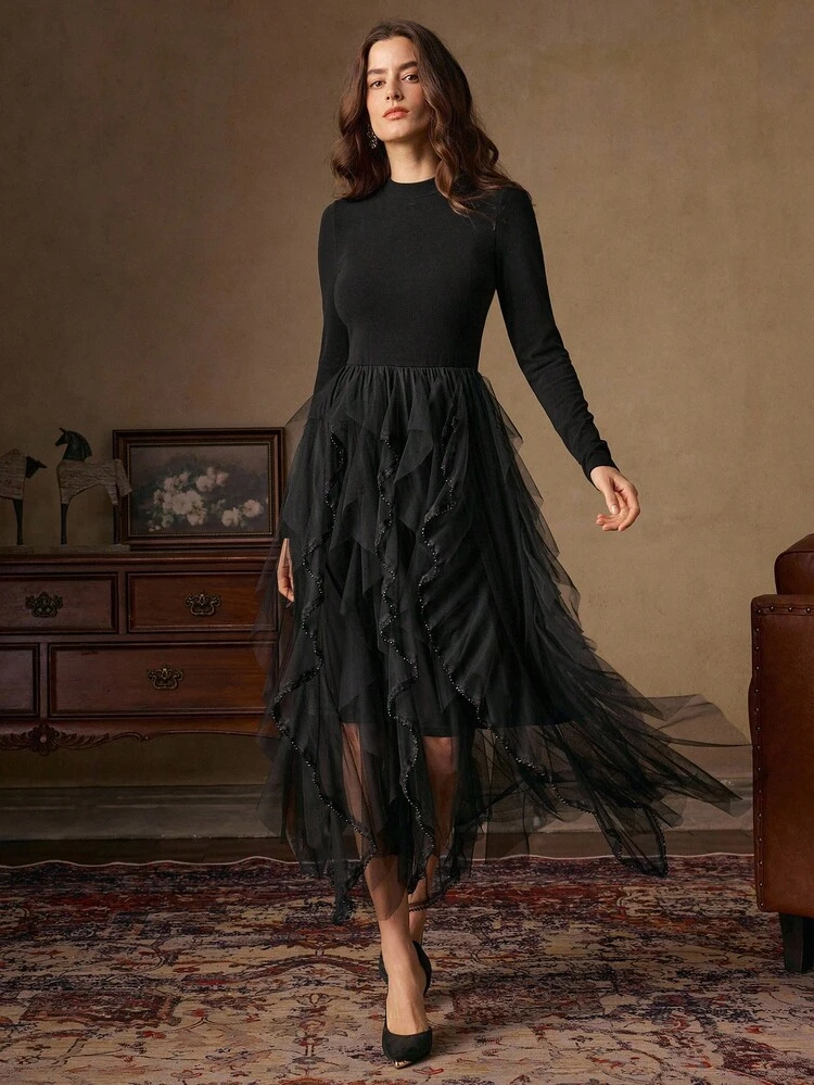 Elegant Vintage French Style Black Mock Neck Mesh Patchwork Fit & Flare Dress, Autumn