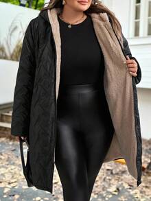 SHEIN CURVE+ Veste d'hiver casual à capuche avec doublure chaude pour femmes grande taille, convient pour l'hiver, vêtements en coton pour femmes grande taille - Noir - View 8