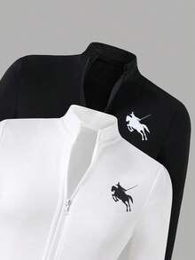 SHEIN 适合青少年女孩春秋装的合身小马印花拉链夹克 - 彩色 - 查看 4