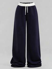 SHEIN 青少年女孩休闲宽松低腰松紧腰带阔腿运动裤，拼色，拼接，海军蓝，返校季 - 彩色 - 查看 2