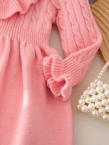 Sparklyn Young Girls Elegant High Neck Knitted Sweater Dress With Ruffle Hem And Twist Rope, Long Sleeve Casual Chic Cute Soft Simple Versatile Princess Dress, Suitable For Home, Daily Wear, School, Outing, Party, Autumn/Winter Fall - Pink - View 7