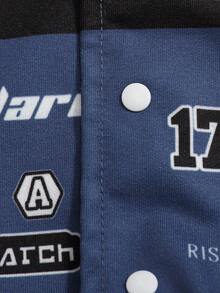 SHEIN Baby Boys' Motorcycle Jacket, Colorblock Letter Print Stand Collar Moto Jacket, Suitable For Autumn/Winter Outings - Blue - View 3